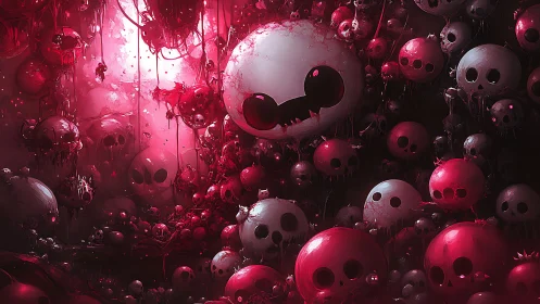 Playful crimson skulls drifting in a dreamy shadow carnival.