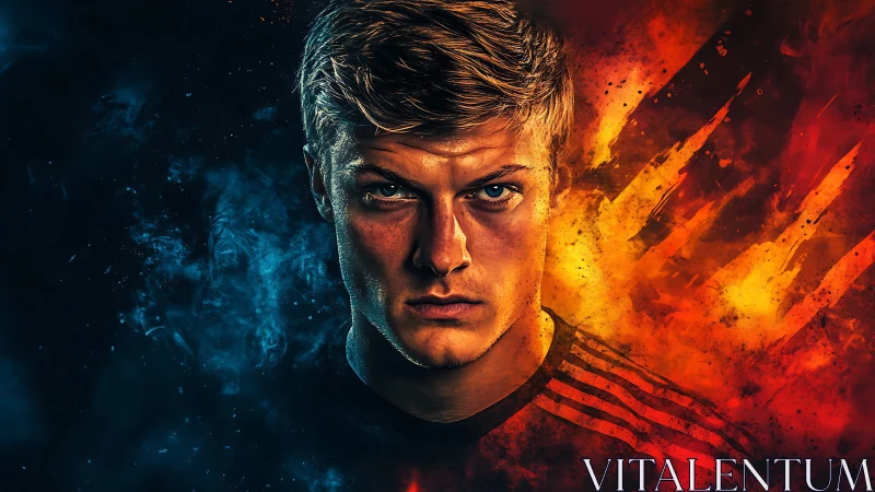 Intense male portrait divides cold blue and fiery orange realms