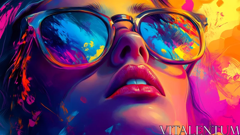 Neon portrait magnifies reflective sunglasses and glossy lips