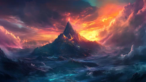 Volcanic spire erupts through storm-tossed ocean under chromatic sky