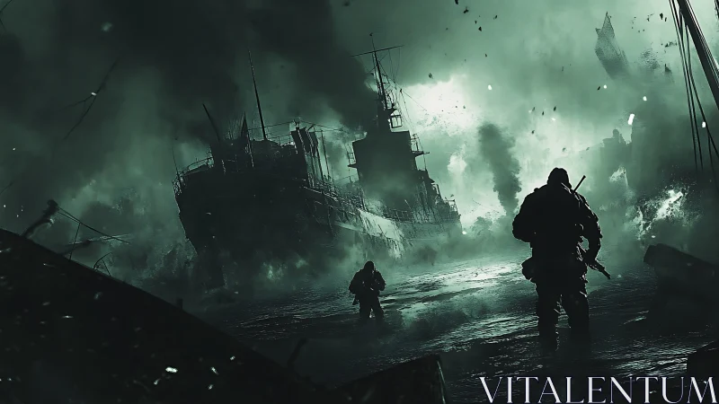 Storm-swept naval assault with infantry silhouettes advancing.