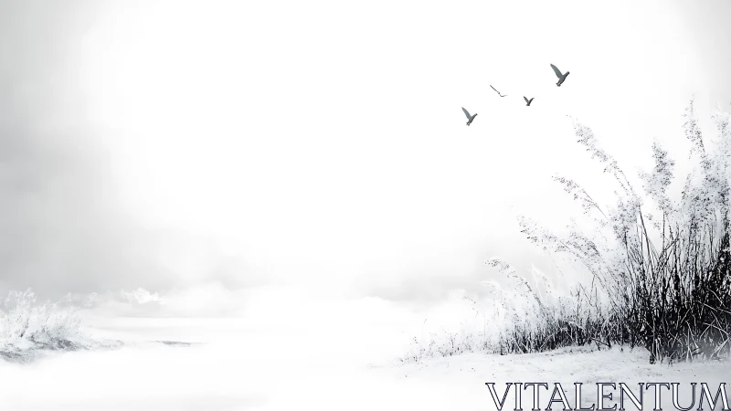 Gentle winter reeds and distant birds in a dreamy white sky.