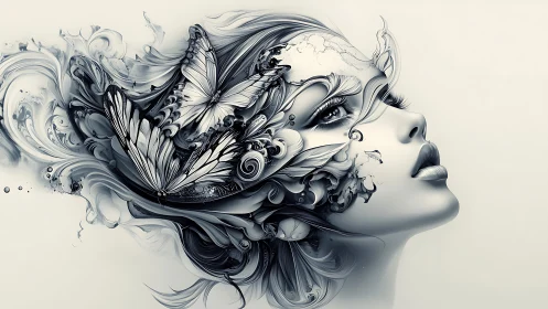 Butterfly-thought siren drifts through monochrome dream tides.