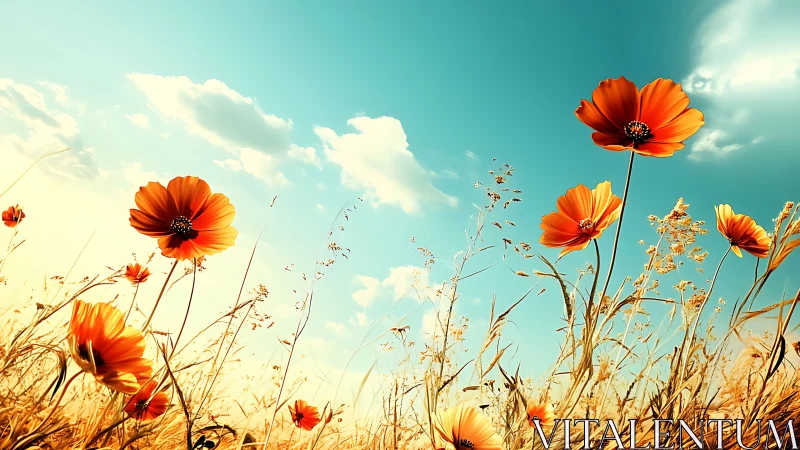 Orange wildflowers in sunlit field under clear blue sky.