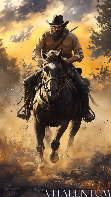 Dust-charged cowboy rides hard through burning sunset sky.