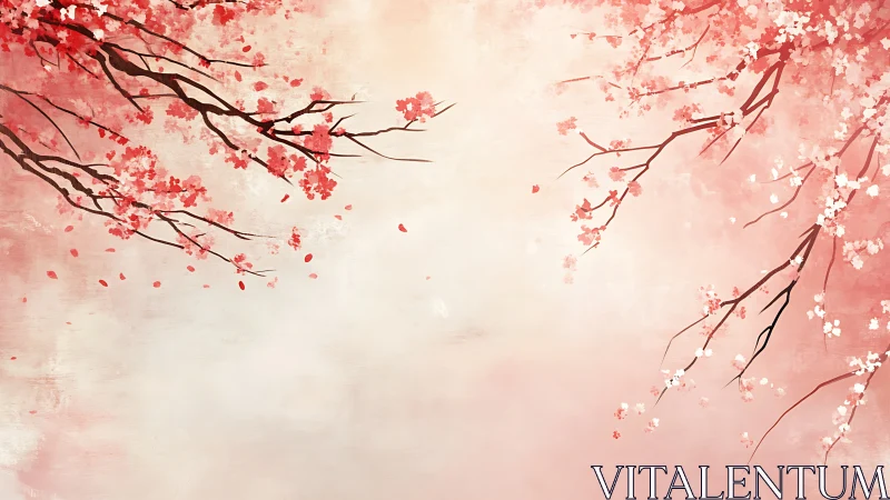 Delicate cherry blossoms drift across a soft pastel sky.