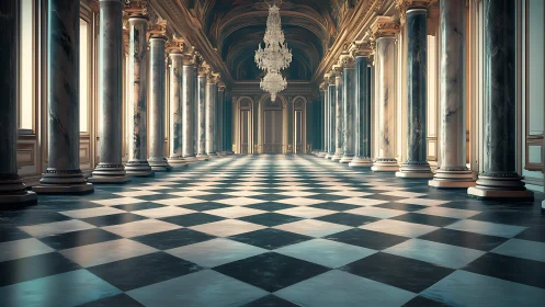Neoclassical marble hall with chandeliers and checkered floor.