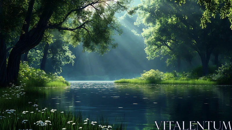 Sunlit Forest Lake with Lush Greenery in Photorealistic Style.