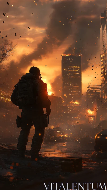 Lone soldier observes burning city skyline at dusk.