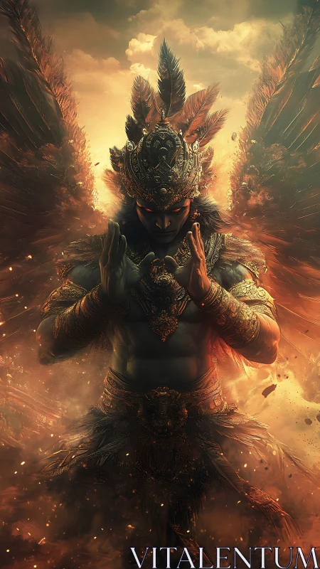 Winged armored figure in ornate headdress amid glowing haze.