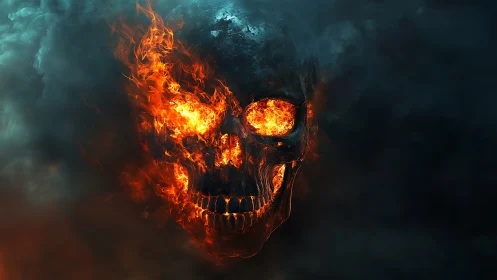 Infernal flaming skull emerges from swirling black smoke