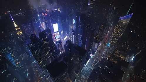 Midnight high-rise canyons under electric neon haze glow.