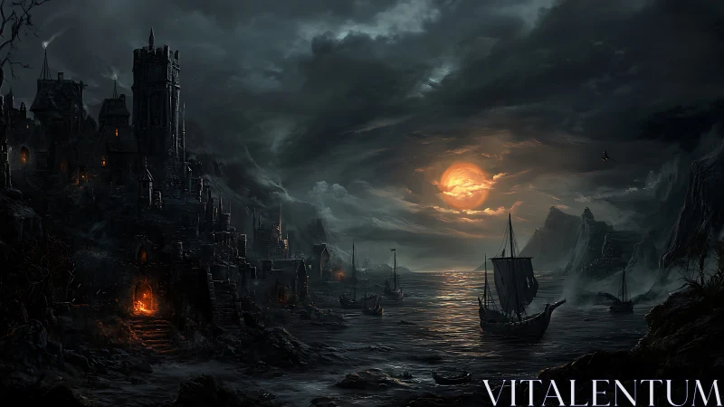 Stormlit medieval coast watches burning moon over dark sea