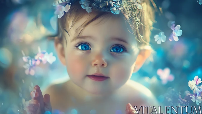 Ethereal Child Portrait Surrounded by Luminous Floral Elements