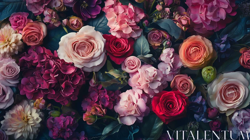 Lush Floral Arrangement: Roses, Dahlias, Hydrangeas Deep Jewel Tones.