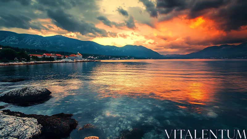 Coastal village shoreline reflects dramatic, flame-toned sunset sky