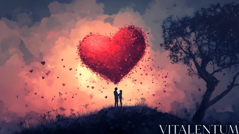 Silhouetted figures beneath luminous heart formation.