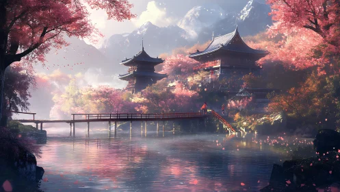 Gentle cherry blossom temple glows beside a tranquil river
