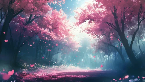 Backlit cherry grove renders volumetric haze and petal motion