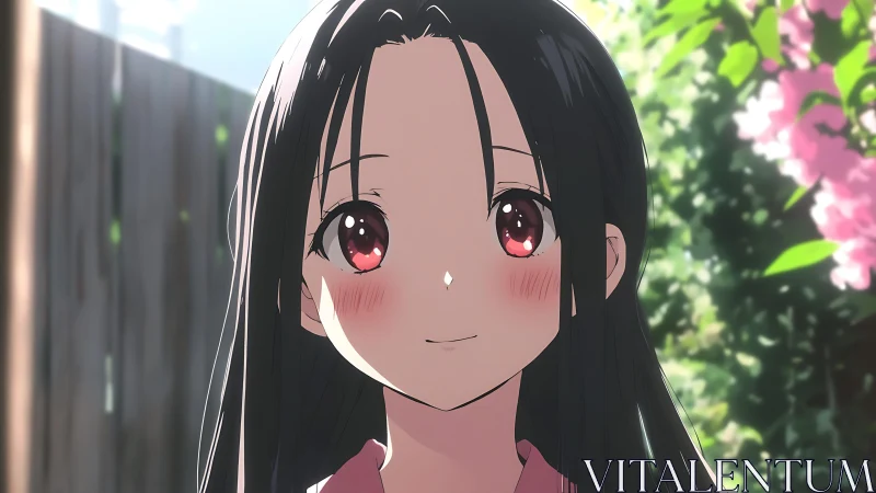 Smiling black-haired girl in soft bokeh garden lighting.