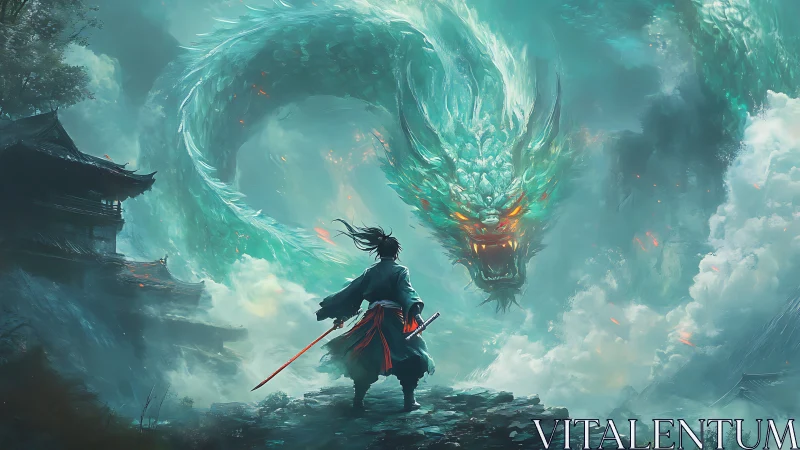 Samurai confronts spectral dragon in storm-lashed mountain mist