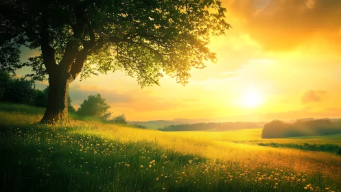 Sunlit meadow tree under radiant golden sunrise glow.