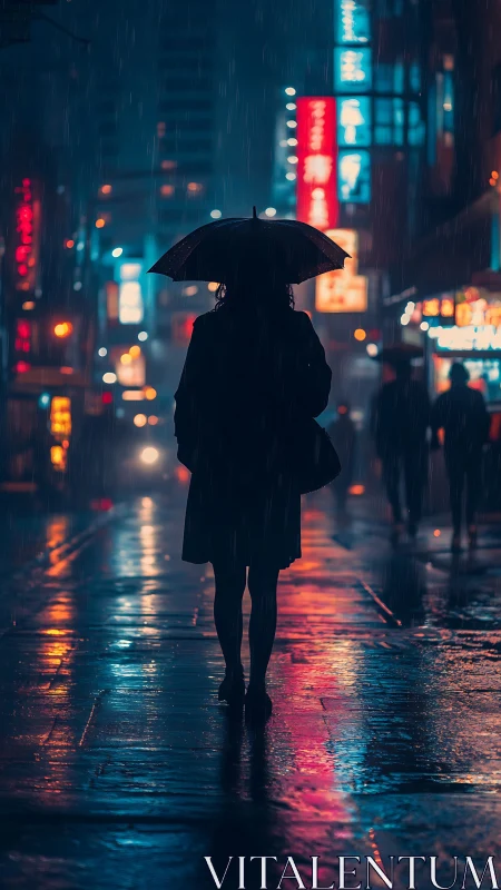 Rainy city wanderer pauses beneath neon lights at night