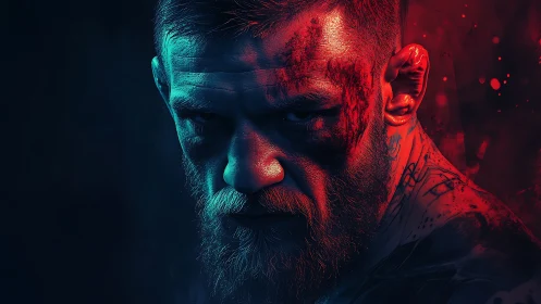 Blood and shadowed fighter locked in neon battle calm.