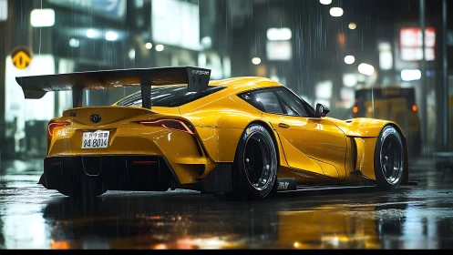 Widebody yellow sports car waits on wet neon city street