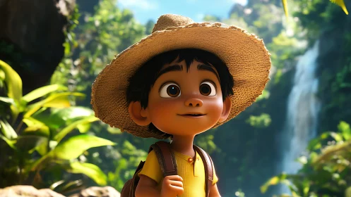 Curious jungle explorer kid beside a sunlit waterfall.