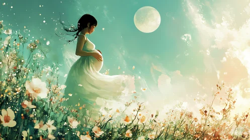 Pregnant woman in moonlit flower field embraces quiet hope.