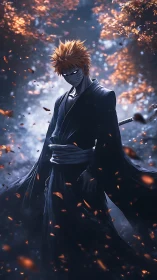 Sword-wielding figure stands in forest with drifting leaves