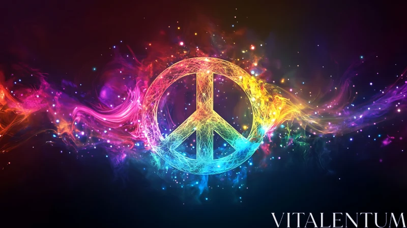 Multicolored luminous peace symbol on dark abstract field.