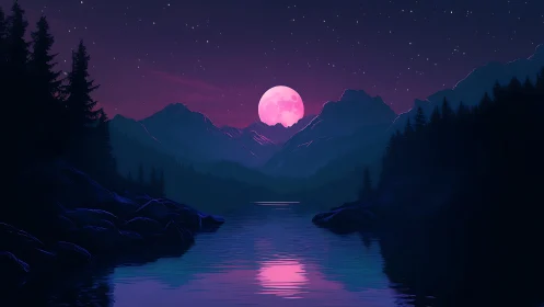 Neon magenta moonrise over conifer lake in alpine valley