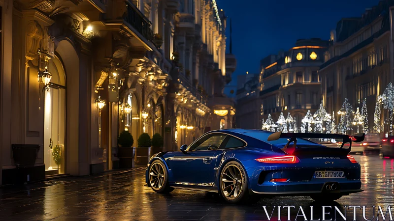 Midnight blue supercar prowls a jeweled European boulevard.