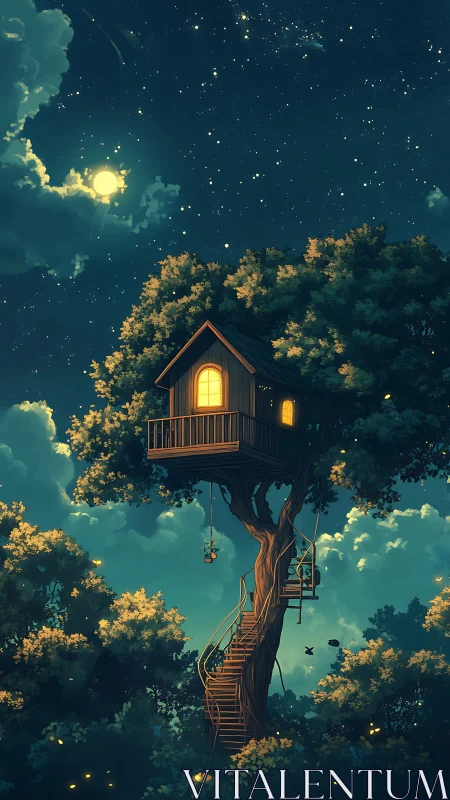 Elevated arboreal cabin under luminant nocturnal skyscape.
