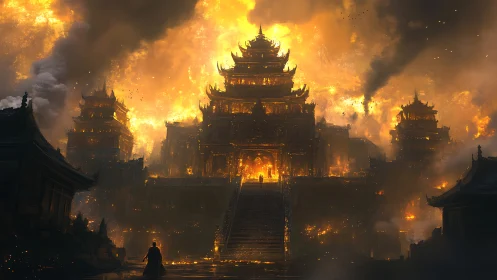 Incandescent imperial citadel under large scale conflagration.
