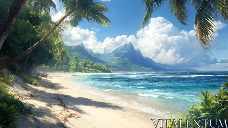 Tropical Coastline with Dramatic Volcanic Peak and Palm Framing.