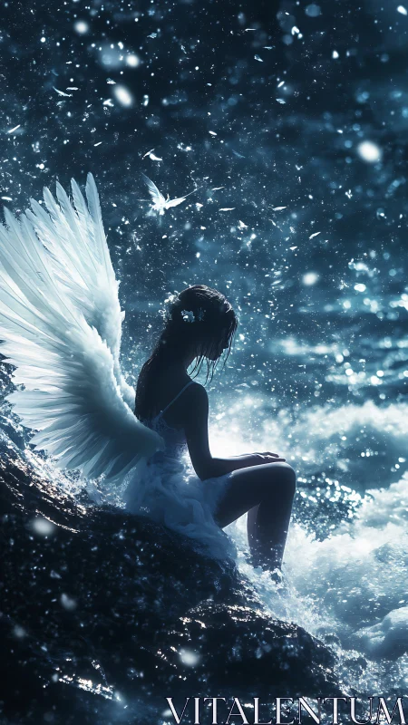 Winged female figure sits on coastal rocks amid splashing water
