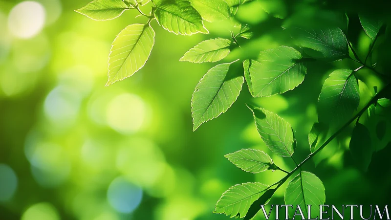 Fresh green leaves glow under soft bokeh forest light.