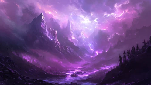 Luminescent violet storm illuminates steep mountain valley