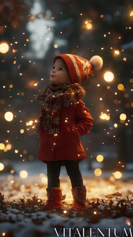 Child in red coat standing among winter lights at dusk.