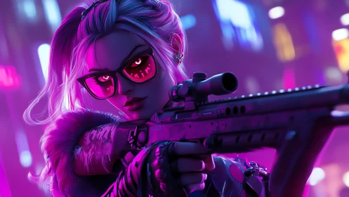 Female shooter holds scoped rifle in neon urban setting