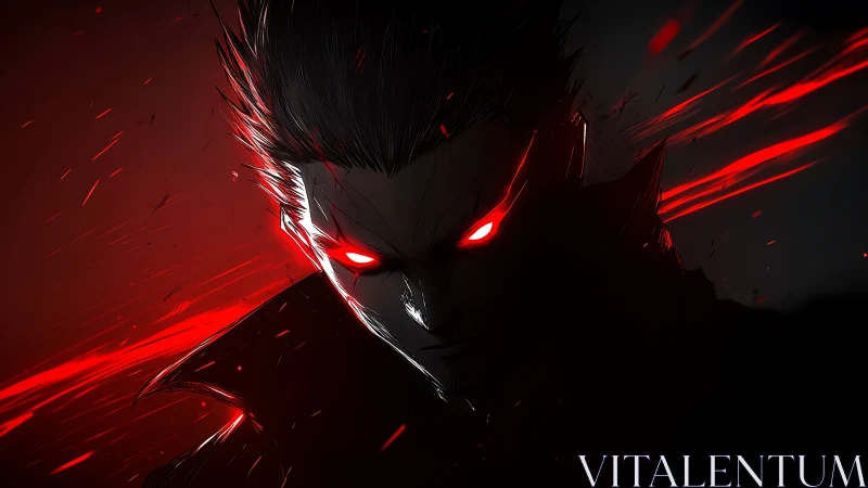 Dark antihero with glowing red eyes in dramatic shadows.