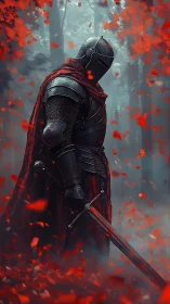 Armored knight stands in red cloak amid falling scarlet leaves