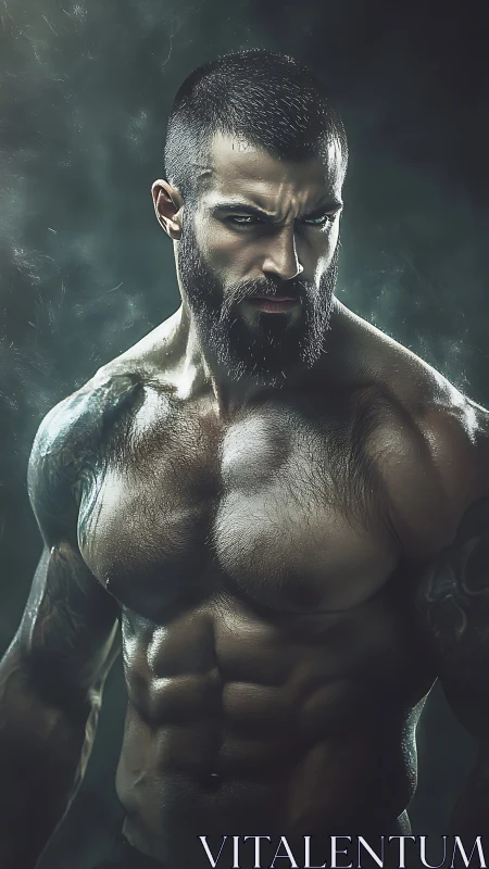Focused bearded athlete stands strong in dramatic light.