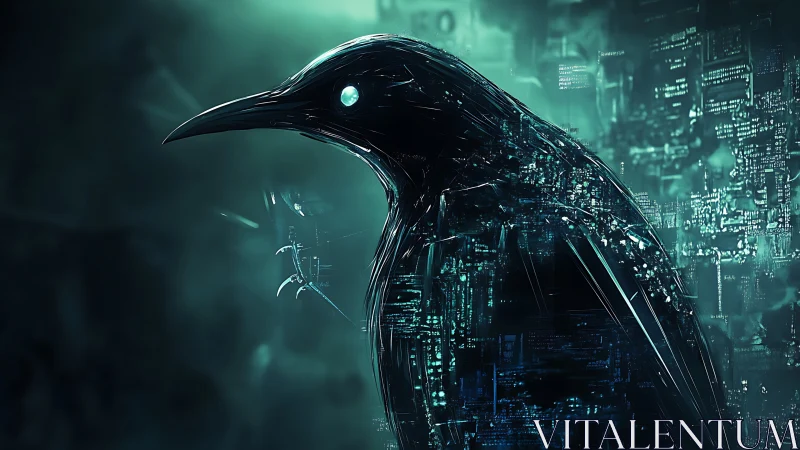 Cybernetic raven construct with luminous teal circuitry profile.