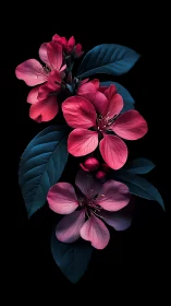 Pink Flowering Blooms with Deep Teal Foliage Against Black.