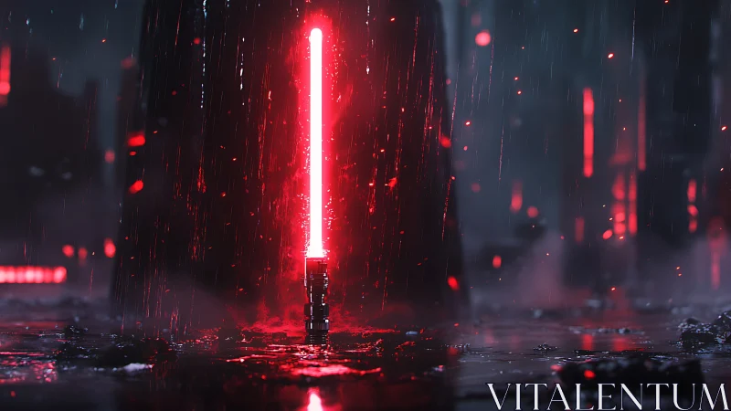 Red plasma sword ignited on wet cyberpunk street in rain