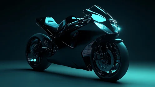 Futuristic sport motorcycle is rendered with cyan accent lighting